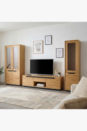 Moderne Wohnwand aus massiver Eiche natural mit Vitrinen